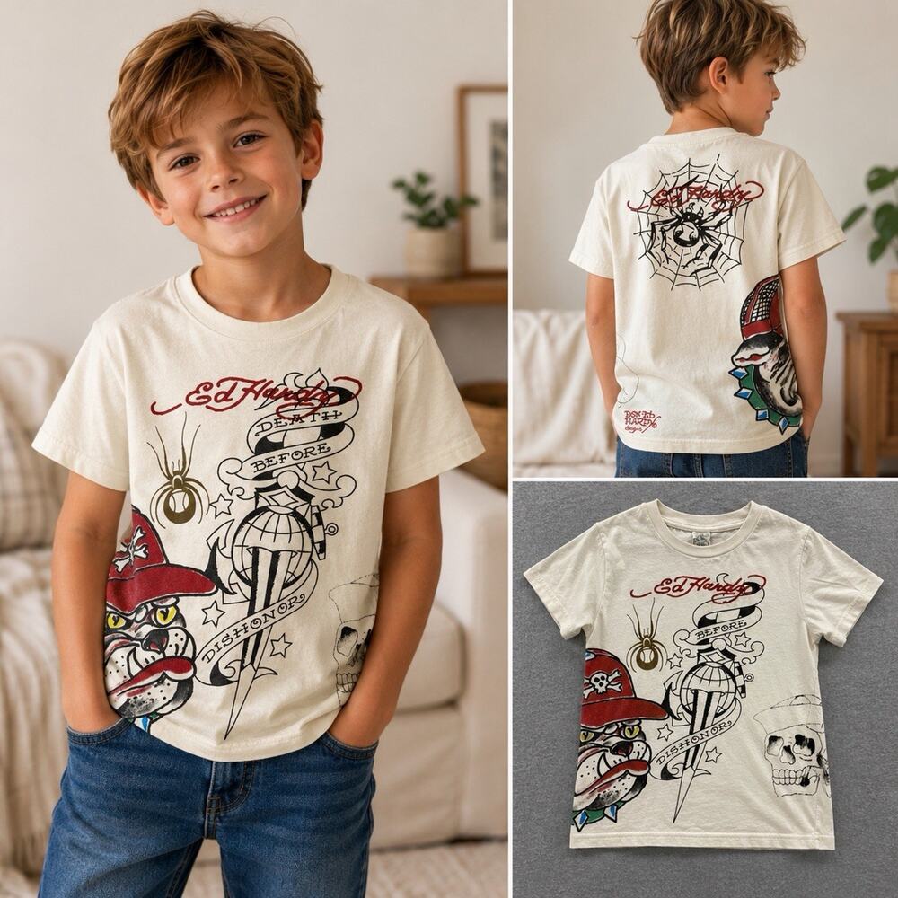 Vintage Ed Hardy Christian Audiger Y2K Graphic Shirt Big Logo Boys Skull Bulldog